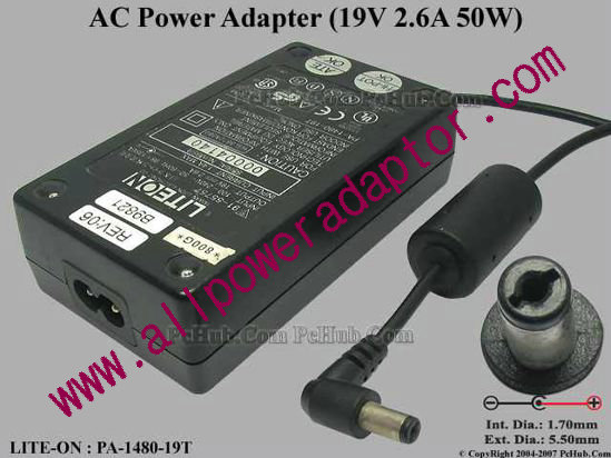 LITE-ON PA-1480-19T AC Adapter 19V 2.6A, 5.5/1.7mm, 2-Prong