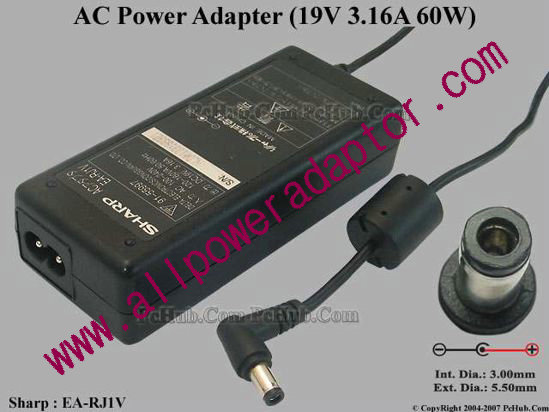 Sharp AC Adapter 19V 3.16A, 5.5/3.0mm, 2-Prong