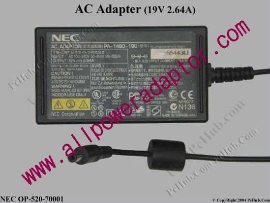 NEC AC Adapter 19V 2.64A, 5.5/2.5mm, 2-Prong