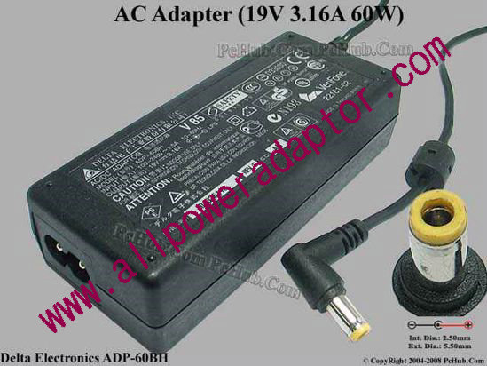 Delta Electronics ADP-60BH AC Adapter- Laptop 19V 3.16A, 5.5/2.5mm, 2-Prong