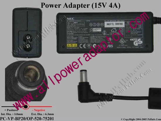 NEC AC Adapter 15V 4A, 6.3/3.0mm, 2-Prong