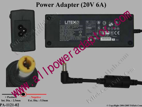 LITE-ON PA-1121-02 AC Adapter 20V 6A, 5.5/2.5mm, 3-Prong
