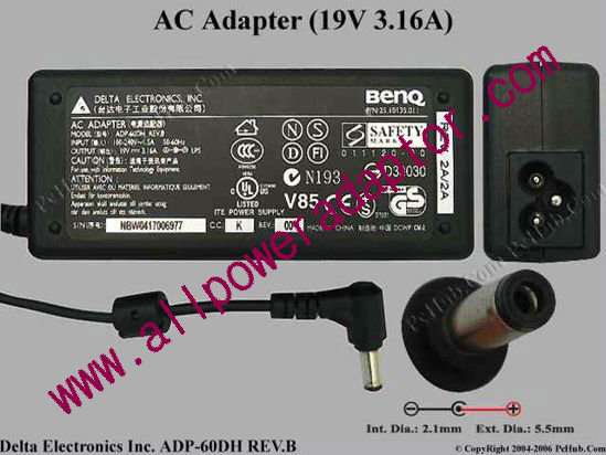 Delta Electronics ADP-60DH REV.B AC Adapter- Laptop 19V 3.16A, 5.5/1.7mm 3-Prong
