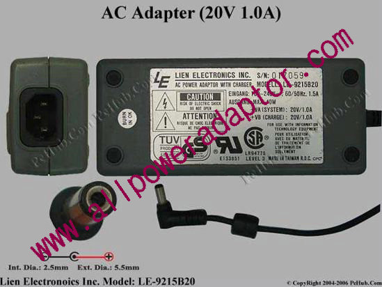 LIEN Electronics LE-9215B20 AC Adapter 20V 1A