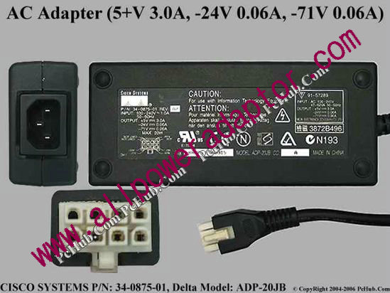 Cisco 34-0875-01 AC Adapter- Laptop 5V 3A, -24V 0.06A, -71V 0.06A, 8-Hole, C14