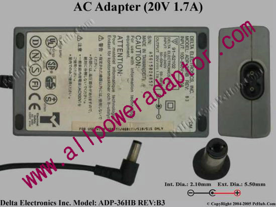 Delta Electronics ADP-36HB REV:B3 AC Adapter- Laptop 20V 1.7A, Tip B