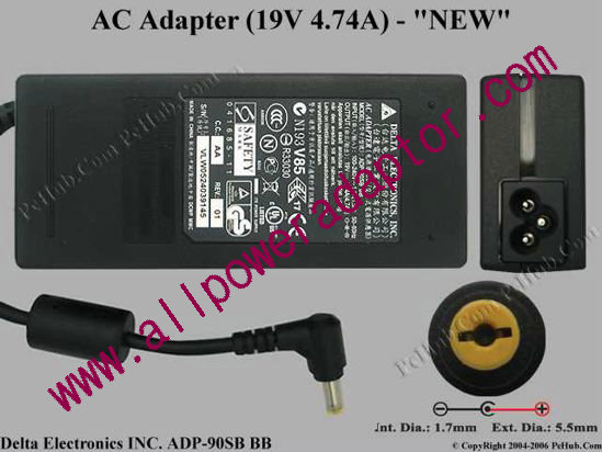Delta Electronics ADP-90SB BB AC Adapter- Laptop 19V 4.74A, 5.5/1.7mm, 3-Prong, New