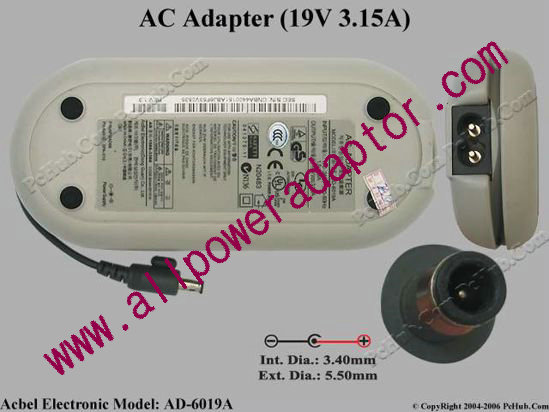 Acbel Polytech AD-6019A AC Adapter- Laptop 19V 3.15A