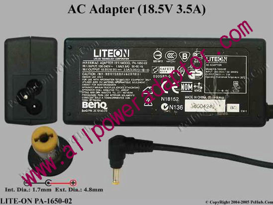 BenQ Common Item (BenQ) AC Adapter- Laptop 18.5V 3.5A, 4.8/1.7mm, 3-Prong