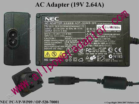 NEC AC Adapter 19V 2.64 3-Hole Tip, 2-Prong