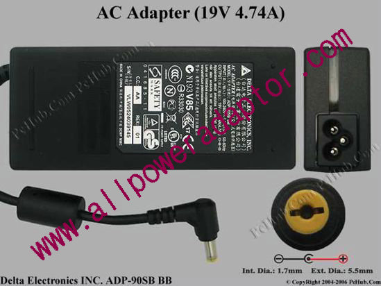Delta Electronics ADP-90SB BB AC Adapter- Laptop 19V 4.74A, 5.5/1.7mm, 3-Prong