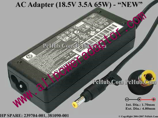 HP AC Adapter - NEW Original 18.5V 3.5A, 4.8/1.7mm, 3-Prong, New