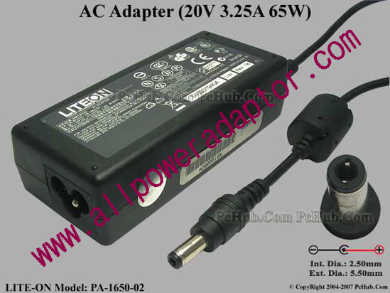 LITE-ON PA-1650-02 AC Adapter 20V 3.25A, 5.5/2.5mm, 3-Prong