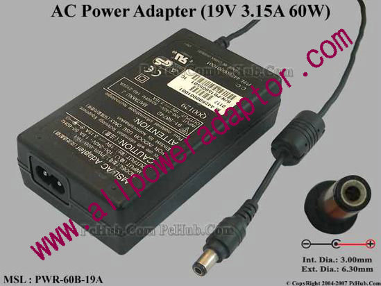 MSL PWR-60B-19A AC Adapter 19V 3.15A, 6.3/3.0mm, 2-Prong