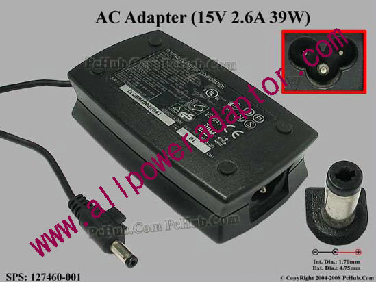 Compaq Aero 8000 AC Adapter- Laptop 127460-001, 15V 2.6A, Tip A