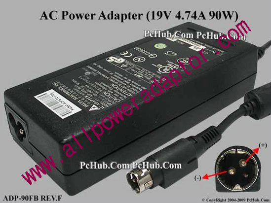 Delta Electronics ADP-90FB REV.F AC Adapter- Laptop 19V 4.74A, 3-Pin P1=V- P2=V