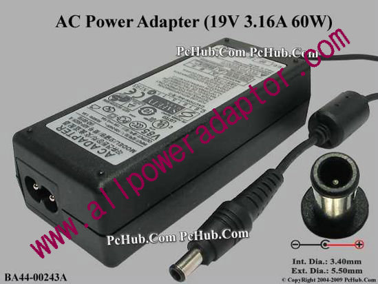 Samsung Laptop AC Adapter 19V 3.16A, 5.5/3.4mm With Pin, 2-Prong