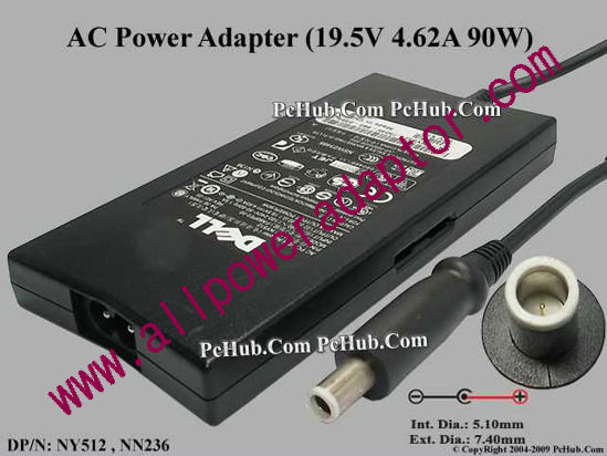 Dell Common Item (Dell) AC Adapter- Laptop 19.5V 4.62A, 7.4/5.0mm With Pin, 2-Prong, Thin