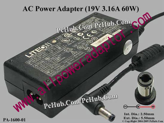 LITE-ON PA-1600-01 AC Adapter 19V 3.16A, 5.5/2.5mm, 2-Prong