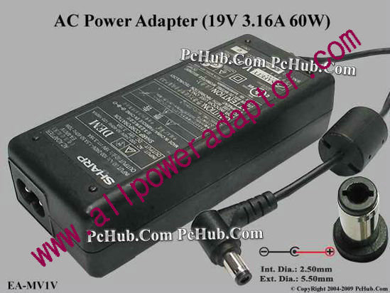 Sharp AC Adapter 19V 3.16A, 5.5/2.5mm, 2-Prong