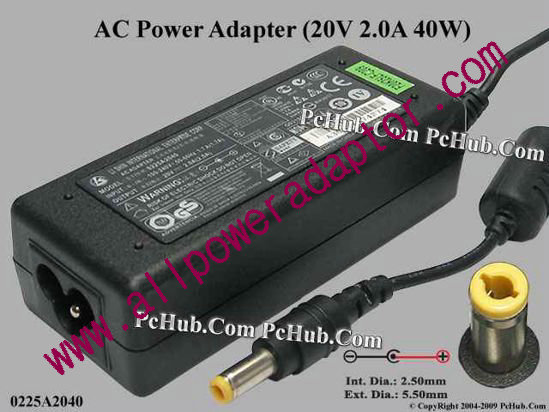 Li Shin 0225A2040 AC Adapter- Laptop 20V 2A, 5.5/2.5mm 12MM, 3-Prong
