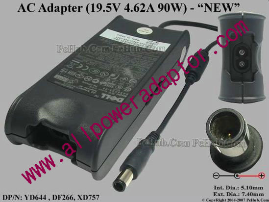 Dell Common Item (Dell) AC Adapter- Laptop 19.5V 4.62A, 7.4/5.0mm With Pin, 2-Prong, New