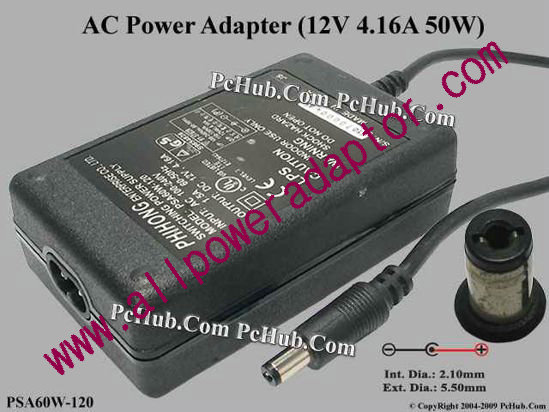PHIHONG PSA60W-120 AC Adapter 12V 4.16A, 5.5/2.1mm, 2-Prong