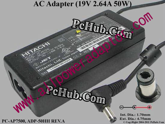 Hitachi AC Adapter- Laptop 19V 2.64A, 4.8/1.7mm, 2-Prong