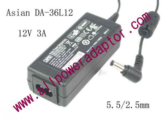 APD / Asian Power Devices DA-36L12 AC Adapter - NEW Original 12V 3A, Barrel 5.5/2.5mm, 2-prong, New