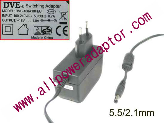 DVE DVS-180A10FEU AC Adapter- Laptop 18V 1A, 5.5/2.1mm, EU 2P