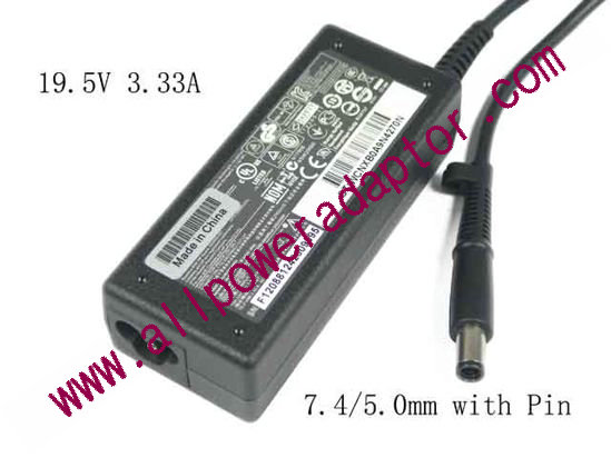 HP AC Adapter- Laptop 19.5V 3.33A, 7.4/5.0mm W/Pin, 3-Prong