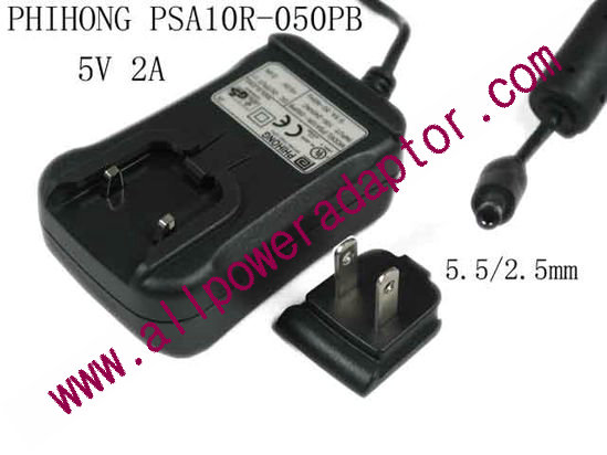 PHIHONG PSA10R-050PB AC Adapter - NEW Original PSA10R-050PB, 5V 2A, Barrel 5.5/2.5mm, US 2-Pin Pl