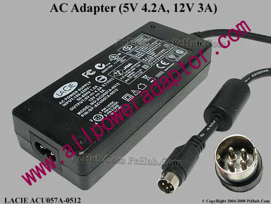 LACIE ACU057A-0512 AC Adapter 5V-12V 12V 3A, 5V 4.2A, 4p, P1=5V P4=12V, 2-Prong