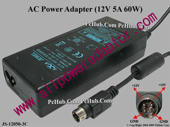 Jewel JS-12050-3C AC Adapter 5V-12V 12V 5A, 4-Pin P14=V, 3-Prong