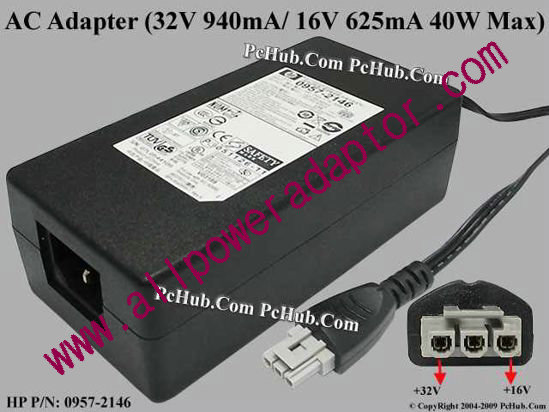 HP AC Adapter 0957-2146, 32V 940mA/ 16V 625mA, 3-pin, (IEC C14)