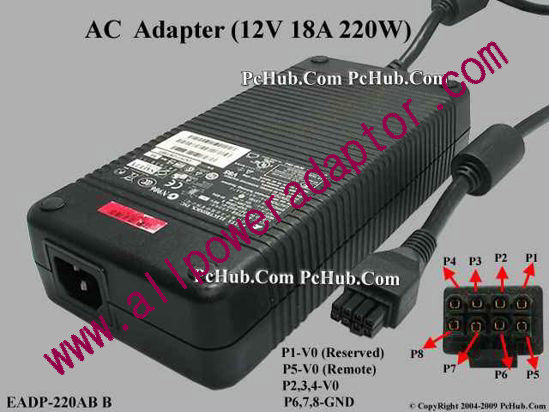 Delta Electronics EADP-220AB B AC Adapter 5V-12V 12V 18A, 8 Hole, C14