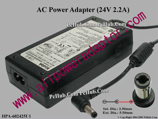 Kodak AC Adapter 24V 2.2A, 5.5/2.5mm, 2-Prong