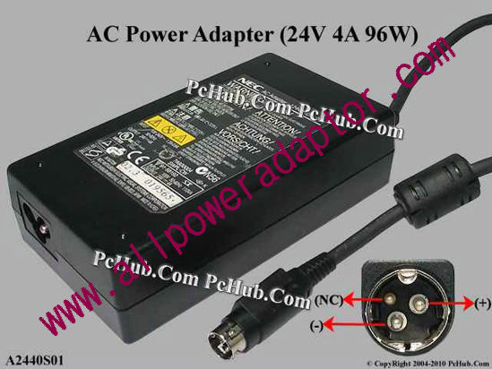 NEC AC Adapter A2440S01, 24V 4A, 3P P1=V P2=V-. 3-Prong