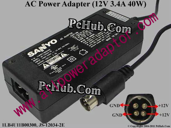 Sanyo AC Adapter 5V-12V 12V 3.4A, 4-Pin P12=V, 2-Prong, New