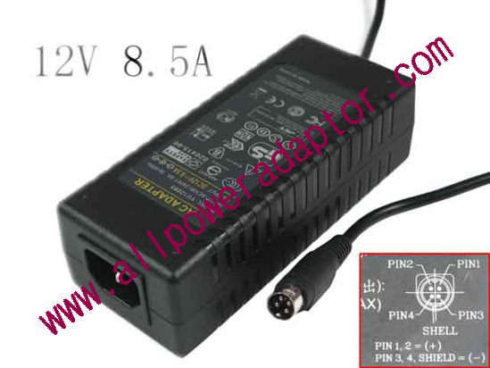 AOK OEM Power AC Adapter 5V-12V YU1285, 12V 8.5A, 4P P14=V, C14, New
