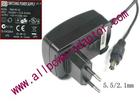 PHIHONG PSM11R-120 AC Adapter 5V-12V 12V 0.84A, Barrel 5.5/2.1mm, EU 2-Pin Plug