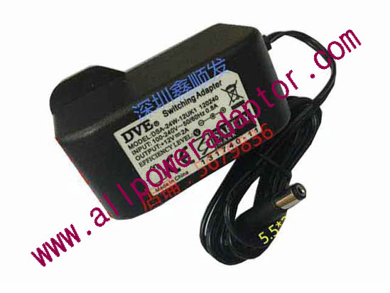 DVE DSA-24W-12UK1 AC Adapter 5V-12V 12V 2A, 5.5/2.1mm, UK 3P Plug, New