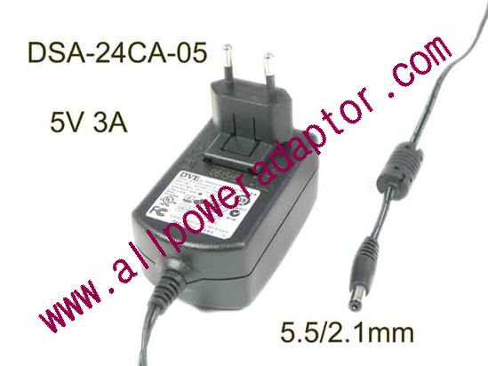 DVE DSA-24CA-05 AC Adapter 5V-12V 5V 3A, Barrel 5.5/2.1mm, EU 2-Pin Plug
