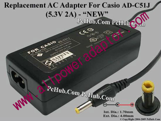 AOK For Casio Camera- AC Adapter AD-C51J, 5.3V 2A, (1.7/4.0), NEW, (2-prong)