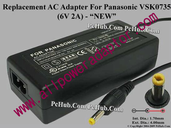 AOK For Panasonic Camera- AC Adapter VSK0735, 6V 2A, (1.7/4.0), (2-prong)