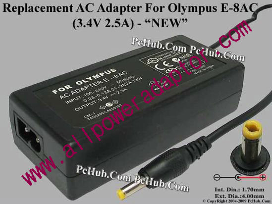AOK For Olympus Camera- AC Adapter E-8AC, 3.4V 2.5A, (1.7/4.0mm), (2-prong)