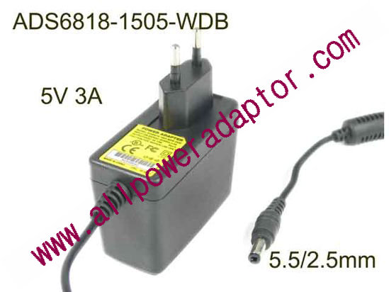 AOK EU Plug AC Adapter 5V-12V 5V 3A, Barrel 5.5/2.5mm, EU 2-Pin Plug, ADS6818-15