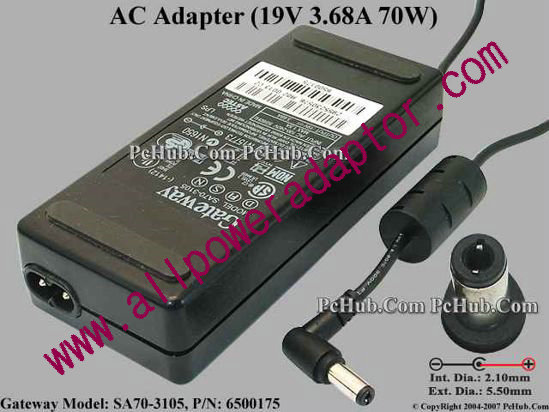 Gateway Common Item (Gateway) AC Adapter- Laptop SA70-3105, 19V 3.68A, Tip B