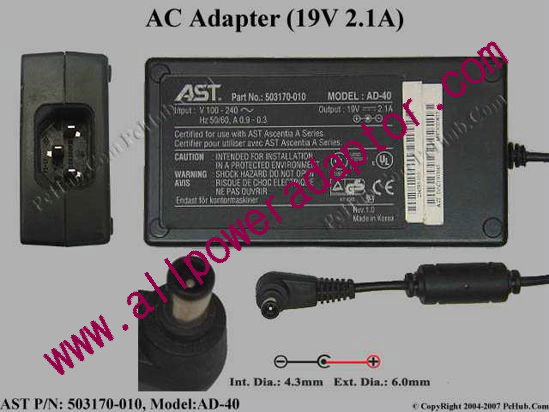 AST Common Item (AST) AC Adapter- Laptop 19V 2.1A, 6.0/4.3 With Pin, C14