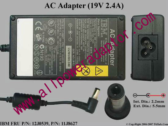 IBM Thinkpad Series AC Adapter- Laptop 19V 2.4A, 5.5/2.1mm, 3-Prong